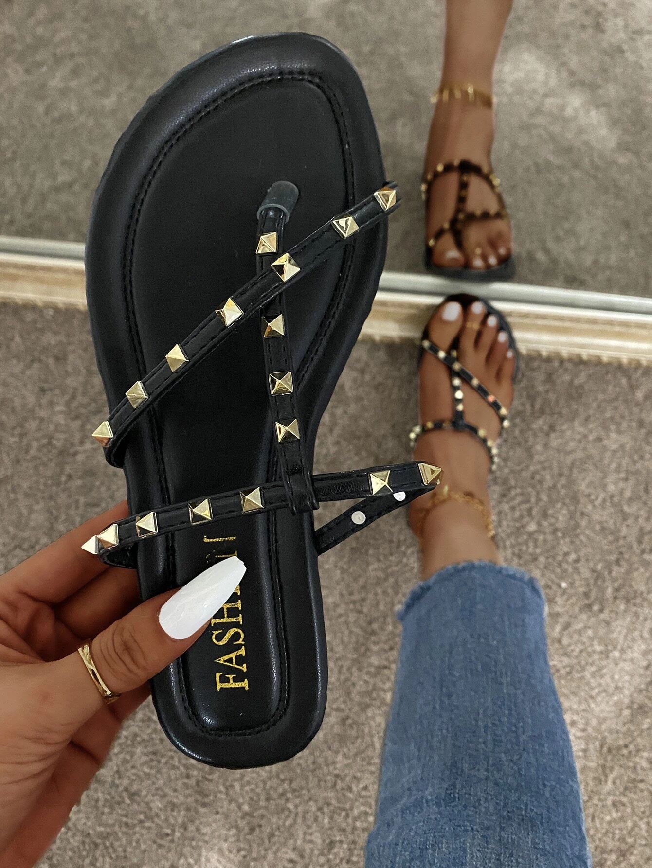Spiked Decor Flat Thong Sandals | SHEIN