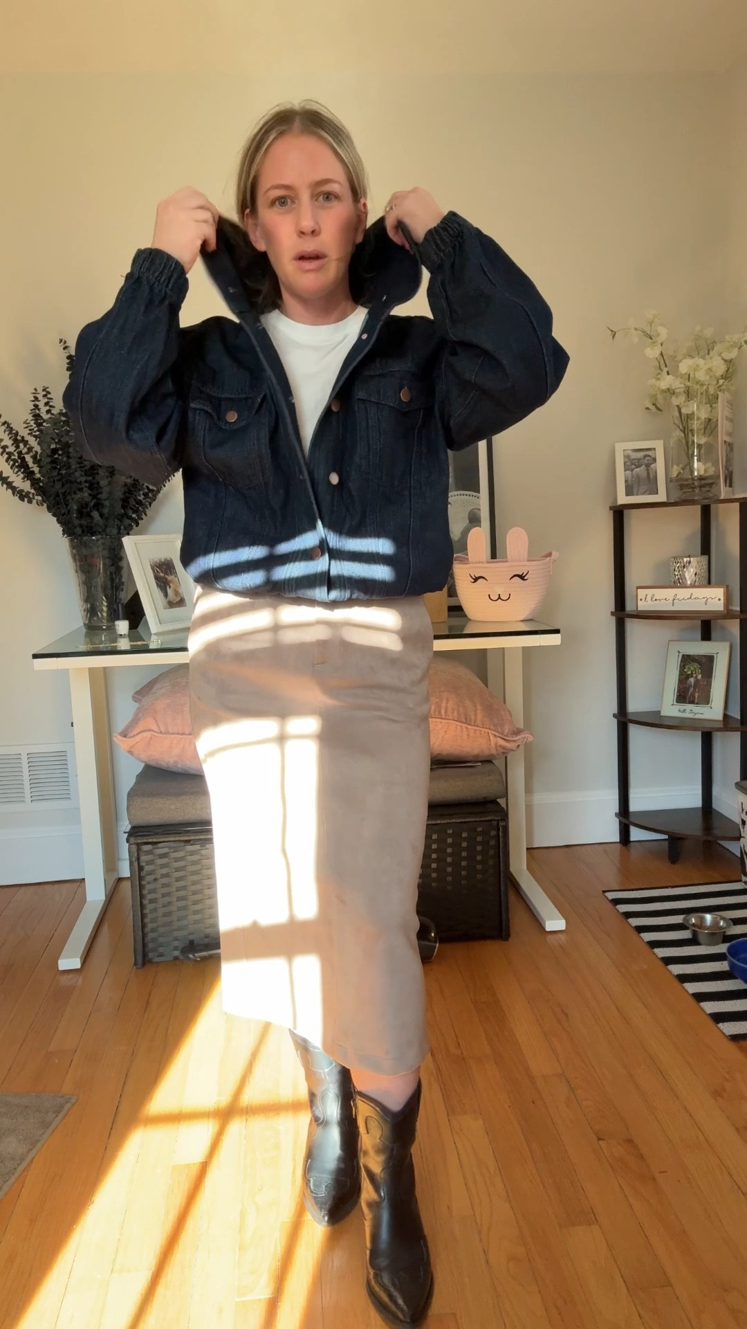 Denim bomber jacket funnel neck! So cute! great price! This the IT jacket right now. 
Boxy white tee-quality A+ and very flattering on the arm! 
Beige midi skirt 
Black western style mid calf boots 


#LTKSaleAlert #LTKootd #LTKgrwm