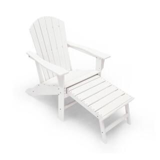 Hampton White Plastic Patio Adirondack Chair with Hideaway Ottoman | The Home Depot