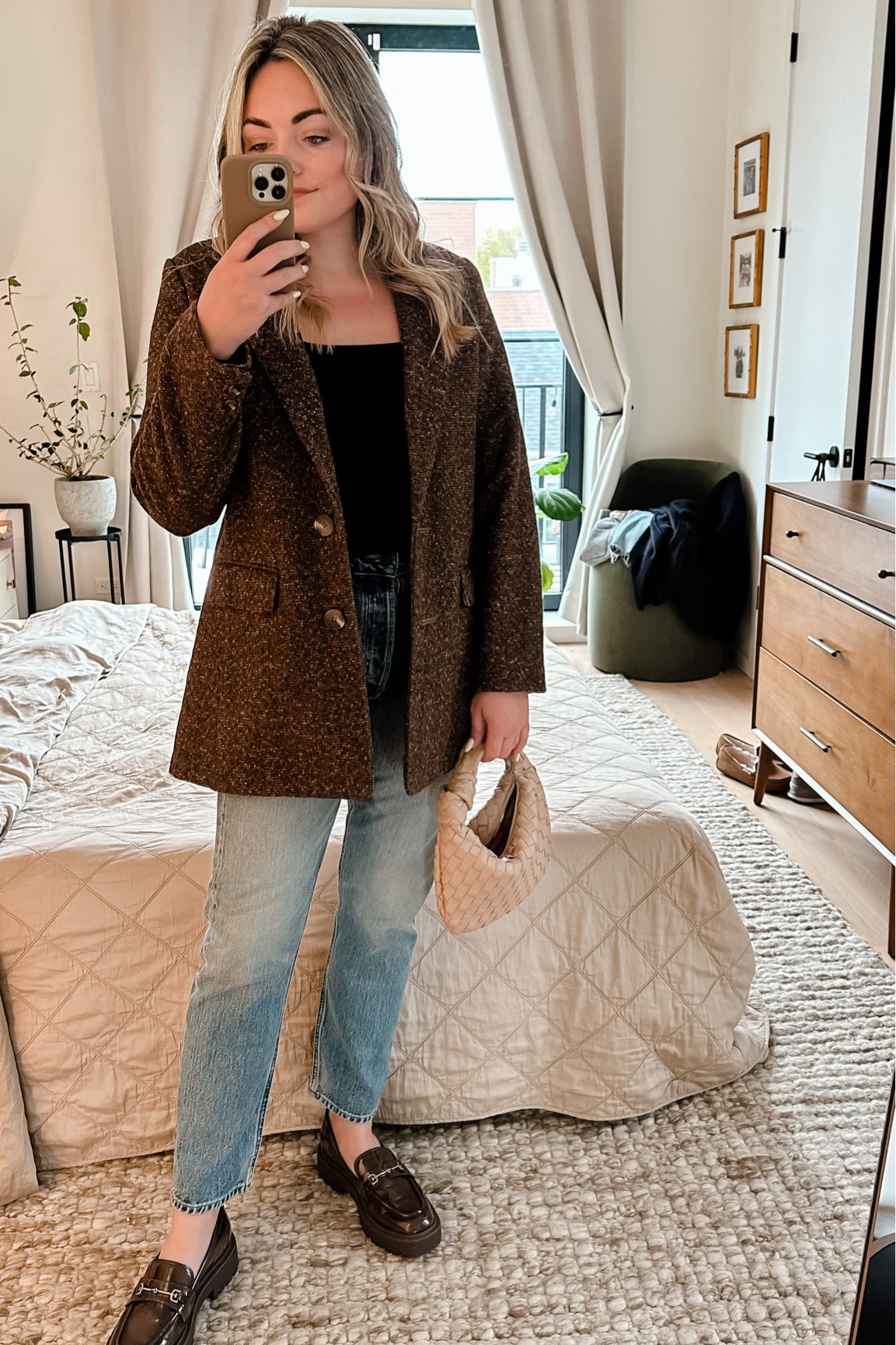 Date night dinner outfit! Tweed blazer. Ribbed squareneck top. Straight leg ankle jeans. Platform trousers.

#LTKSeasonal #LTKitbag #LTKshoecrush