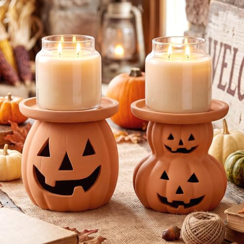 Tioncy 2pcs Halloween Decor Terracotta Jack O Lantern Pumpkin Candle Holder | Amazon (US)