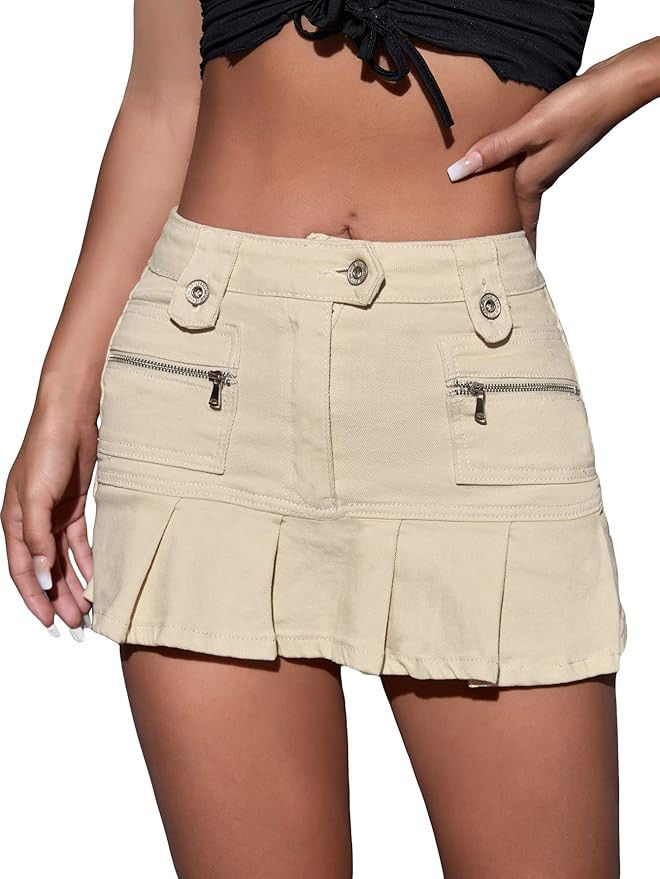 MakeMeChic Women's Y2K Skirt Zipper Front Ruffle Pleated Mini Short Denim Skirt | Amazon (US)