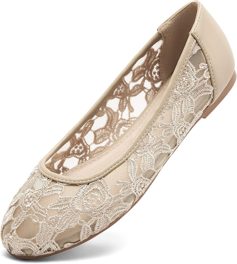 Greatonu Women's Ballet Flats Round Toe Slip on Lace ballerina Flat Comfortable Wedding Casual Dr... | Amazon (US)