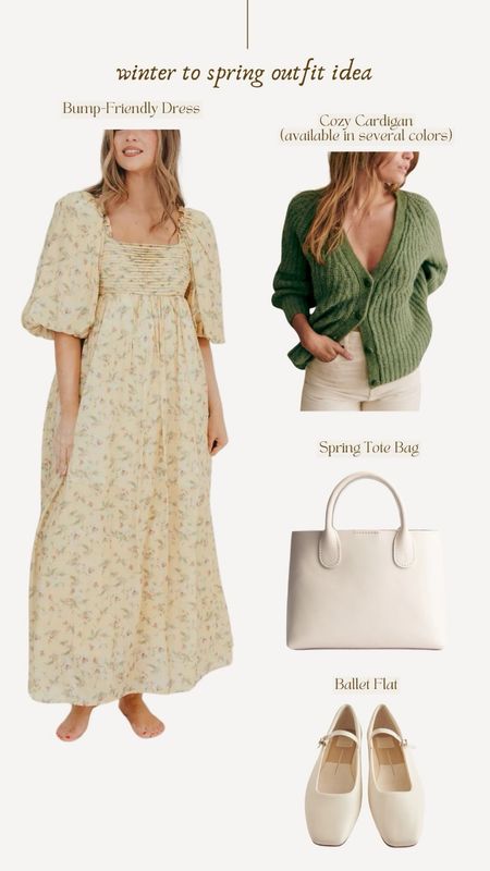Winter to Spring Outfit Idea - Floral dress - bump-friendly dress - Sesame cardigan - white bag 

#LTKbump #LTKstyletip