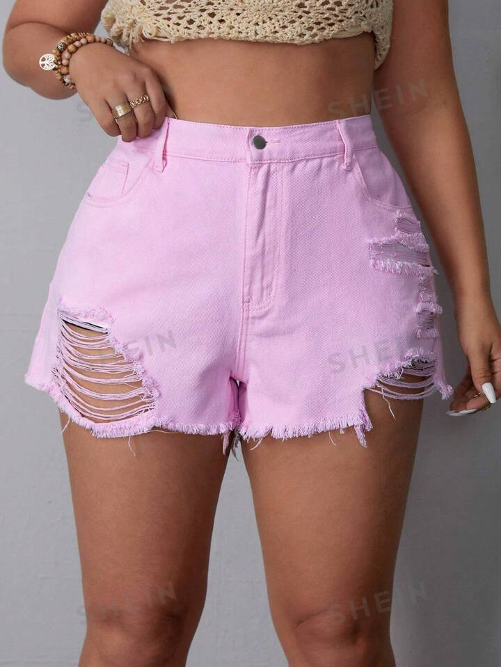 SHEIN VCAY Women'S Plus Size Frayed Hem Denim Shorts | SHEIN