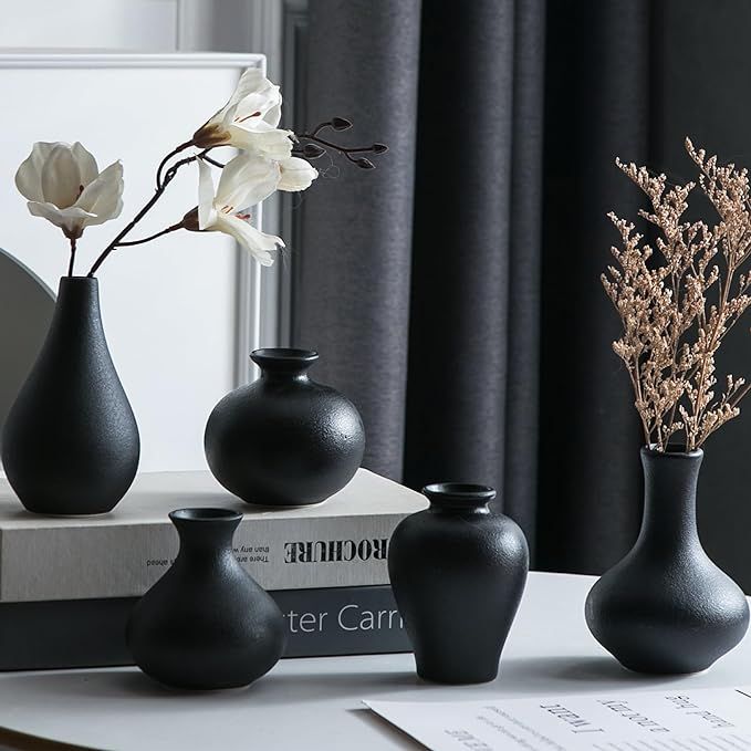 Small Black Vases, Ceramic Bud Vase Set of 5, Mini Pottery Vases for Pampas Grass, Flowers, Decor... | Amazon (US)
