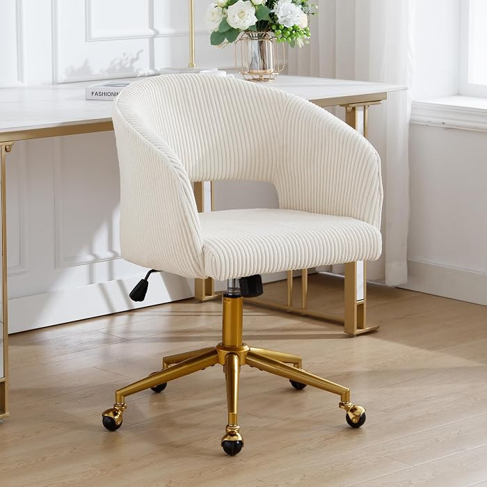 Desk Chair with Wheels, Gold Base, Corduroy Vanity Armchair, Beige | Amazon (US)
