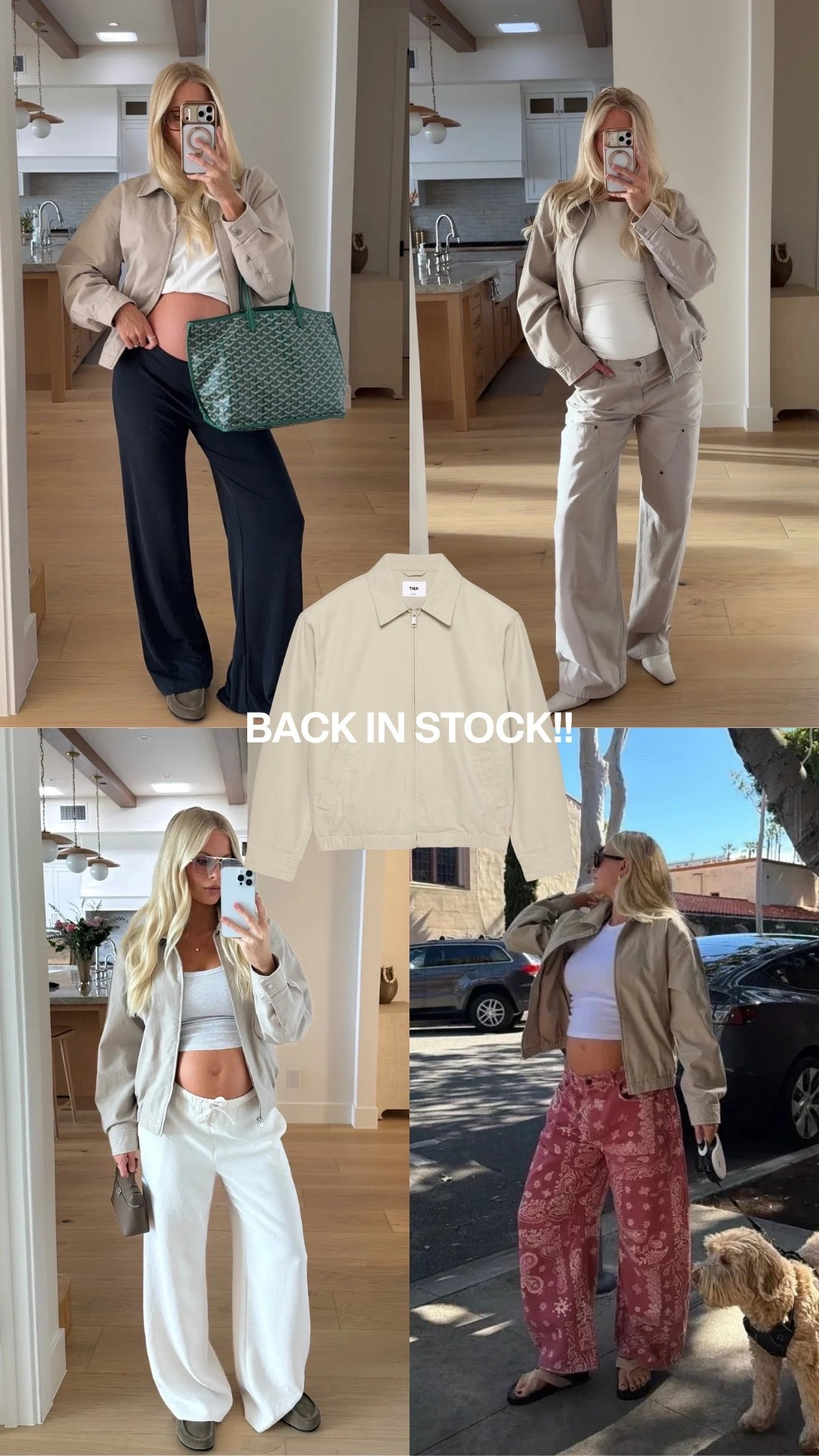 Back in stock - the perfect spring jacket!! SIZE: 
Top left - small in tee, med jacket (marcona beige), medium pants, shoes tts
Top right - med top & jacket, 10 in pants (sized up for pregnancy), shoes tts
Bottom left - med tank (heather cloud white), med jacket, small reg in pants, shoes tts
Bottom right - small tee, 29 pants (sized up for pregnancy), med jacket, shoes tts

#kathleenpost

Casual bump styled, casual chic outfits, errands outfits, spring 2026, spring transition, bump friendly, maternity look

#LTKootd #LTKSeasonal #LTKBump