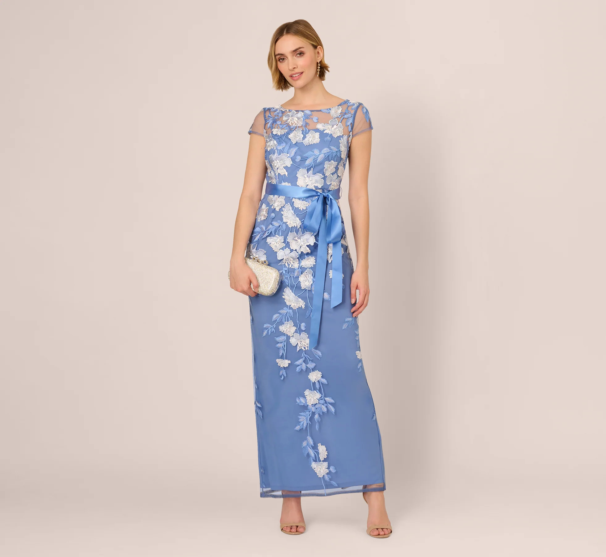Blue Short Sleeve Floral Embroidered Gown With Ribbon Tie Waist - Adrianna Papell | Adrianna Papell