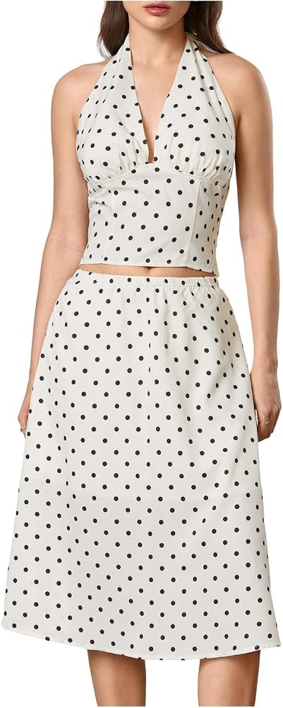 Milumia Women's Two Piece Polka Dots Skirt Set Deep V Neck Halter Crop Top Midi Skirt Sets | Amazon (US)