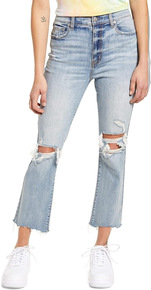 DAZE Women's Shy Girl High Rise Crop Flare Denim Jeans with Frayed Hem (Jewel, 26) | Amazon (US)