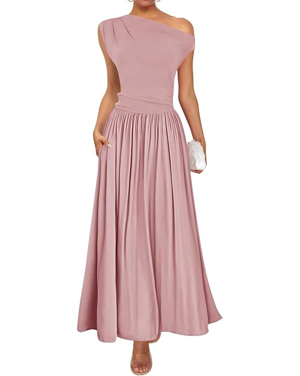 ZESICA Women's Summer 2025 Sleeveless Maxi Dress One Shoulder Casual Slim Swing Pleated Formal Dr... | Amazon (US)