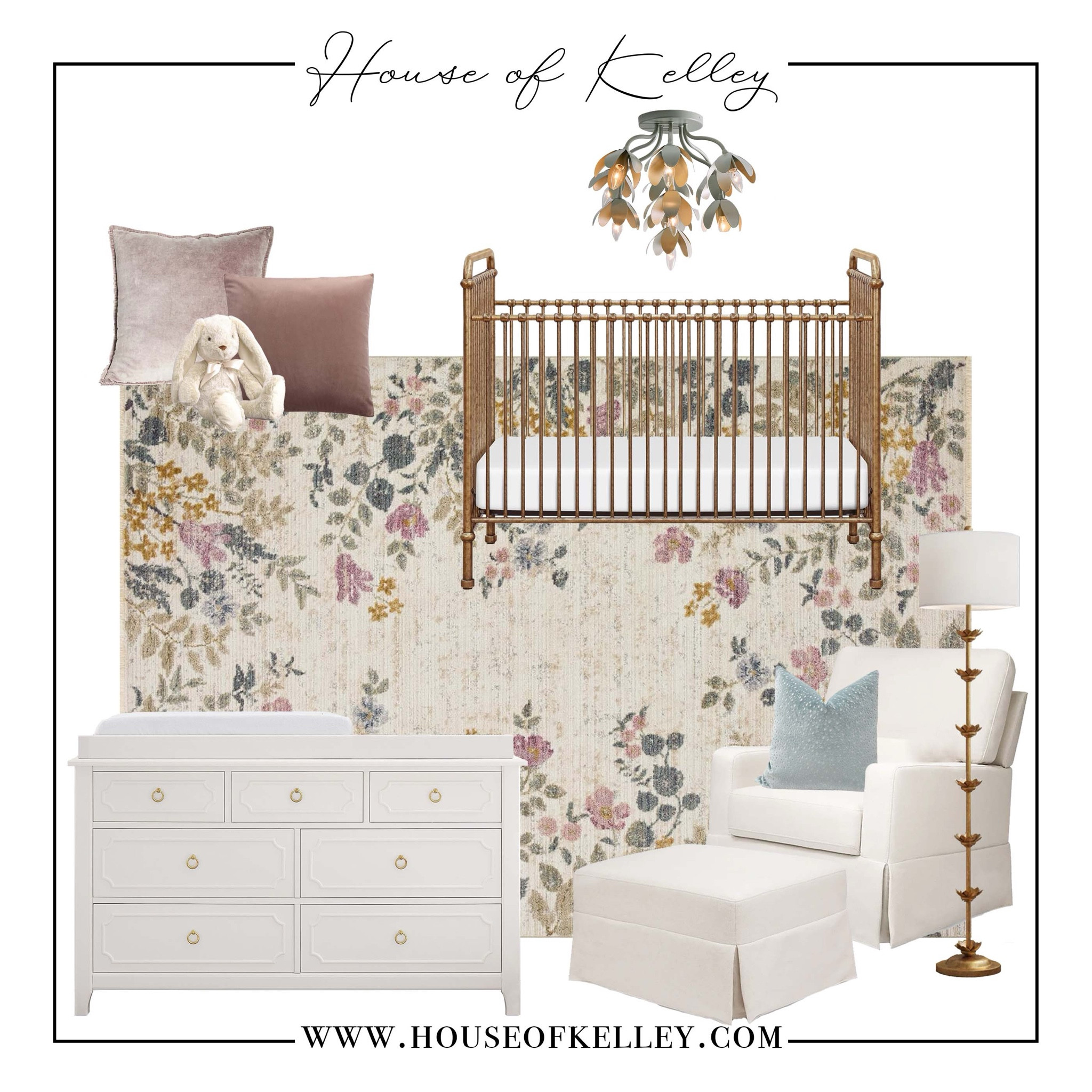 Girl nursery, baby nursery, pink nursery, purple nursery, floral nursery, baby room, girl rug, floral rug, cream area rug, nursery rocking chair, nursery glider, nursery ottoman, girl nurseries, baby girl, beige rocking chair, brass lamp, gold floor lamp, nursery inspo, nursery mood board, crate and barrel lighting, floral chandelier, nursery lighting, girl chandelier, pottery barn kids, pottery barn baby, iron brass crib, gold crib, nursery floor lamp, pink pillow, white changing table, nursery dresser, white dresser, brass hardware, house of kelley.

#LTKHome #LTKBump #LTKBaby