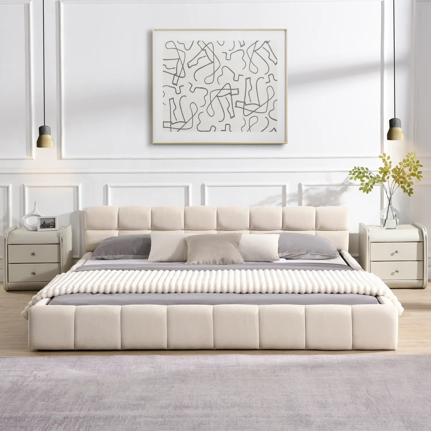 Streamdale Elegant Beige Chenille Upholstered Bed with Checkerboard Design, King, Beige | Shop Simon