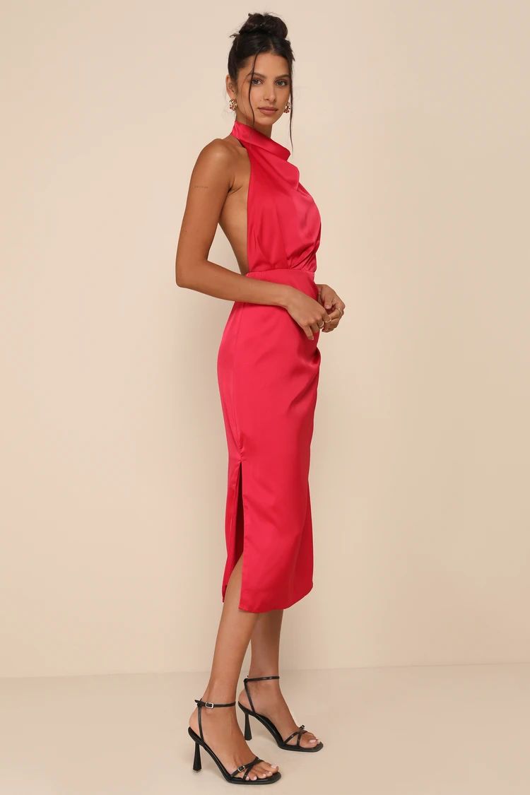 Gorgeous Season Bright Red Satin Backless Midi Dress | Lulus