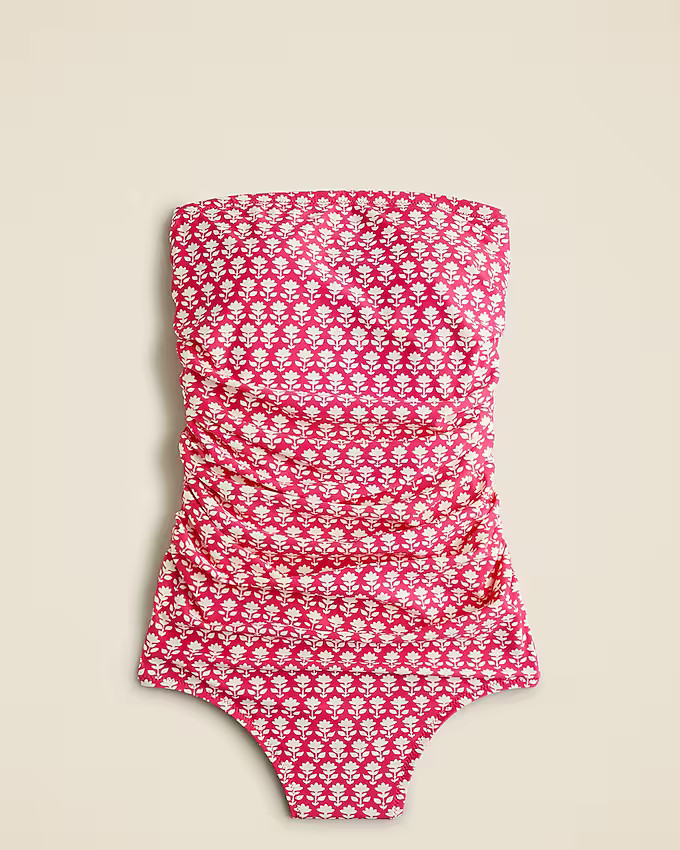 Ruched bandeau one-piece swimsuit in pink stamp floral | J. Crew US