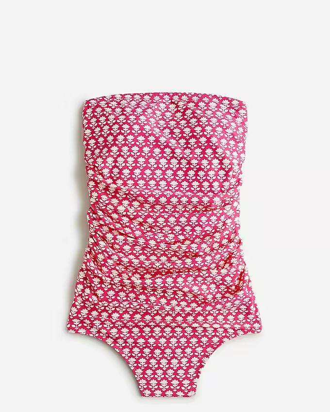 Ruched bandeau one-piece swimsuit in pink stamp floral | J.Crew US
