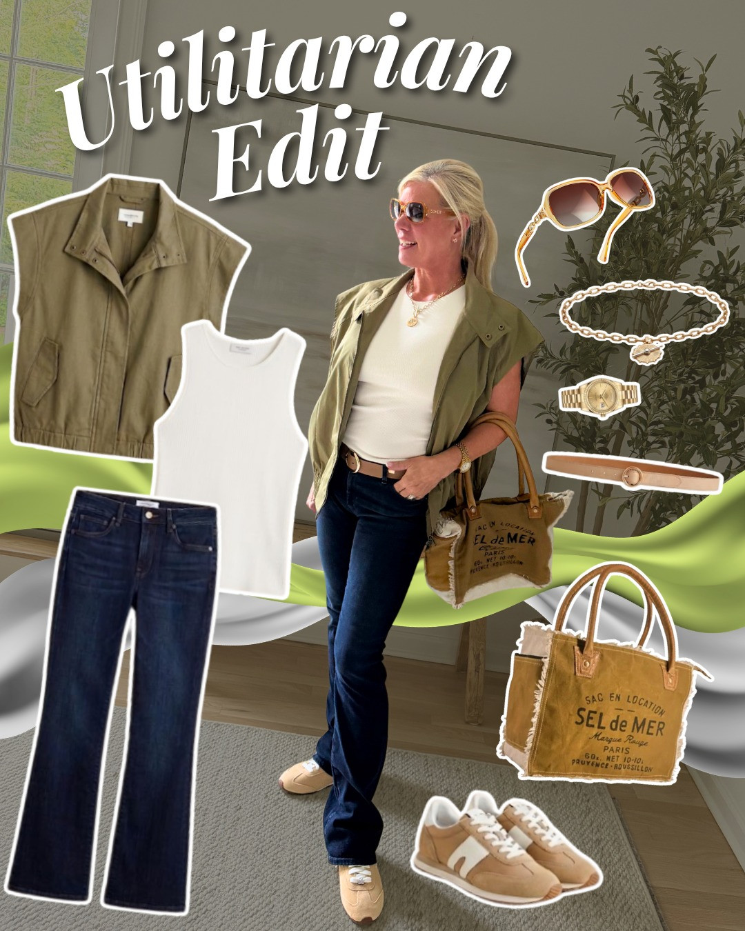 An easy, elevated way to wear olive this fall 🫒✨ Layering a lightweight utility vest over a white tank, finished with dark bootcut jeans, tan sneakers, and a canvas tote for the perfect mix of comfortable and put-together. Fall outfit ideas, casual fall style, olive vest outfit, bootcut jeans outfit, tan sneakers outfit, elevated basics, over 40 fashion, over 50 style, everyday fall fashion 🤎 Shop my look below — similar items linked! 

 #LTKgrwm #LTKootd #LTKOver40