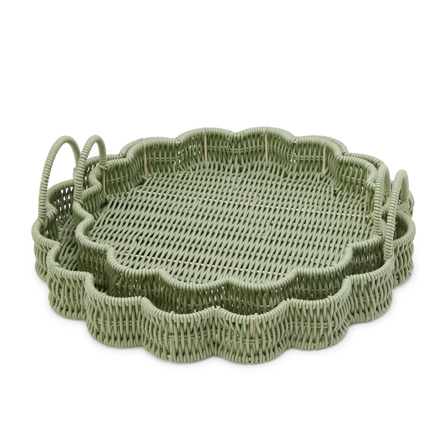 All Weather Wicker Scalloped Edge Green Round Serving Tray Set of 2 | Paynes Gray Inc