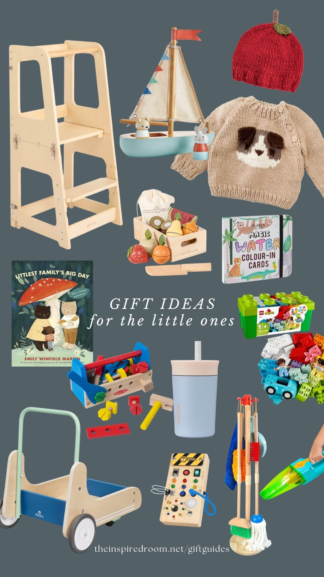 Gift ideas for babies / kids / little ones - many of these are my grandchildren’s tried and true favorites! Wood tool box, sailboat, water bottle, book, Velcro play fruit you can “cut”, water coloring book, play cleaning set, Lego duplo blocks, push cart, knit dog sweater, apple hat, busy board (has been great for keeping entertained in the car!), toddler tower 

See more in my gift guides theinspiredroom.net/giftguides

#LTKGiftGuide #LTKFamily #LTKSaleAlert