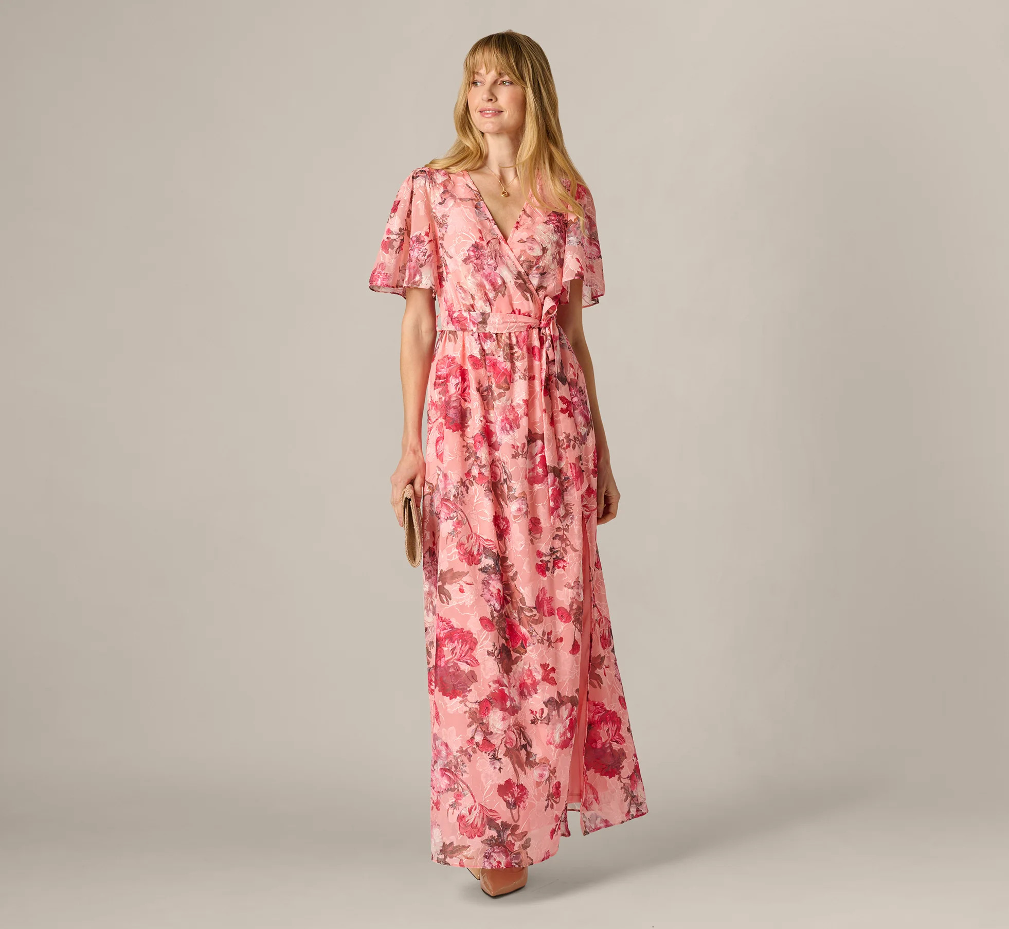Flutter Sleeve Floral Print Embroidered Wrap Maxi Dress In Blush Multi | Adrianna Papell