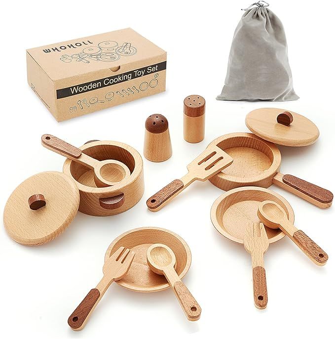 WHOHOLL Play Kitchen Accessories, Wooden Play Set Cookware Plates Dishes Play Kitchen Toys Pots P... | Amazon (US)