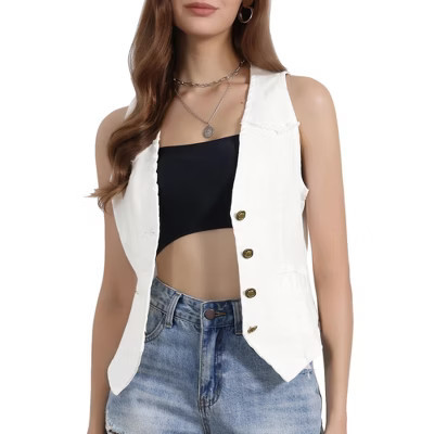 INSPIRE CHIC Women's Denim Sleeveless Collarless Washed Distressed Jean Vest White Small | Target