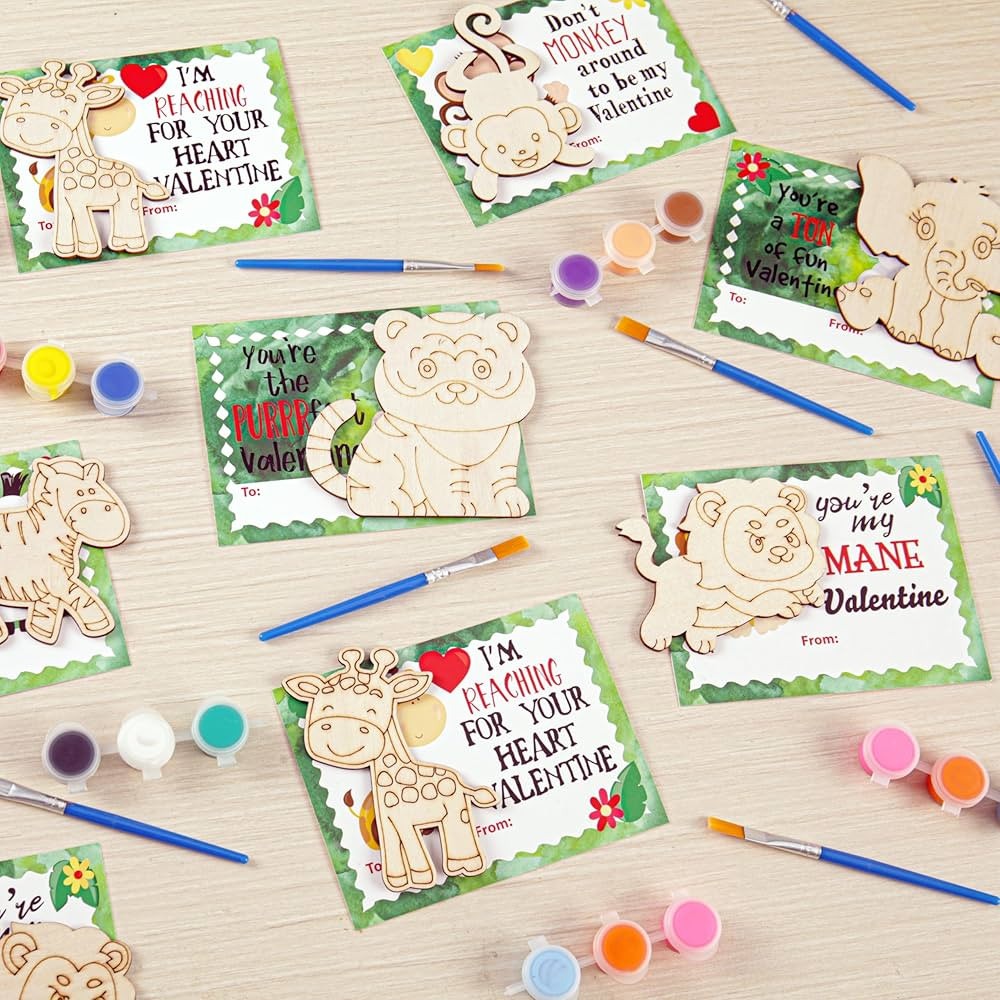 CORTUNARIO Valentines Day Gifts for Kids - 24 Pack Valentines Cards with Art Supplies Animals Woo... | Amazon (US)