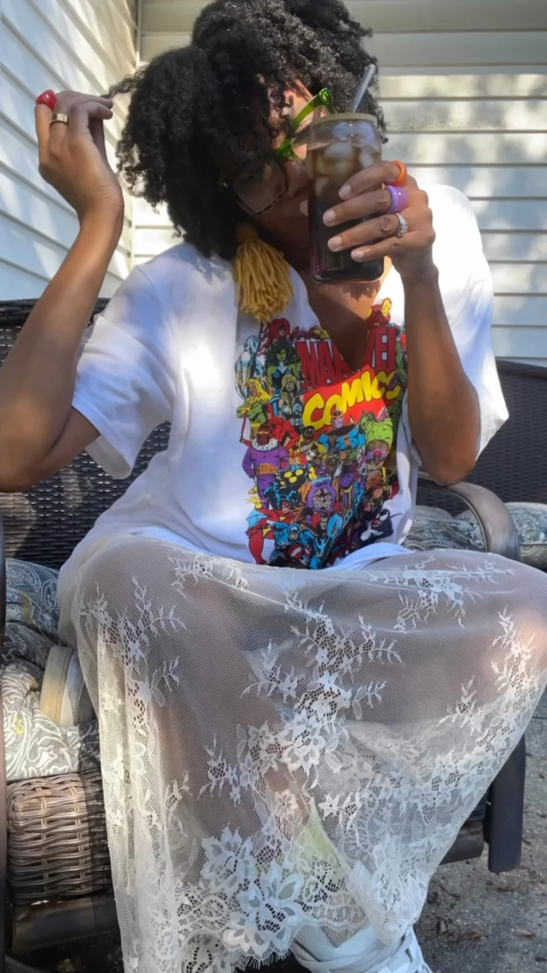 Marvel comic graphic tee +
Mesh skirt +
Yellow yarn earrings +
Glasses +
Dopamine rings 

#LTKStyleTip #LTKOver40