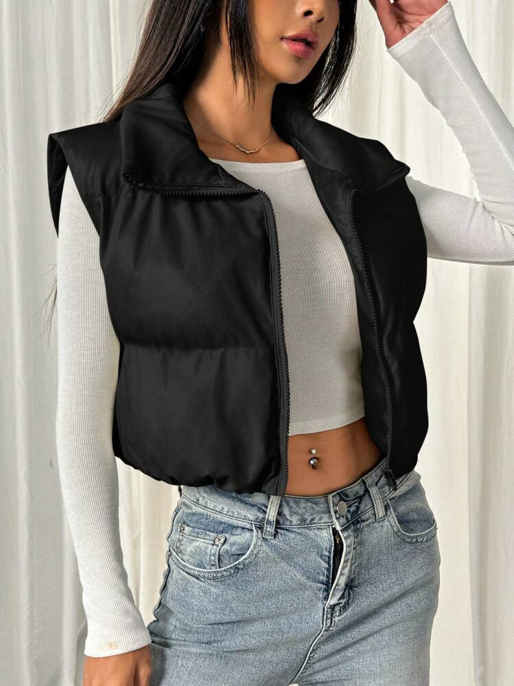 SHEIN EZwear Women's Solid Color Cropped Casual PU Padding Vest, Winter | SHEIN