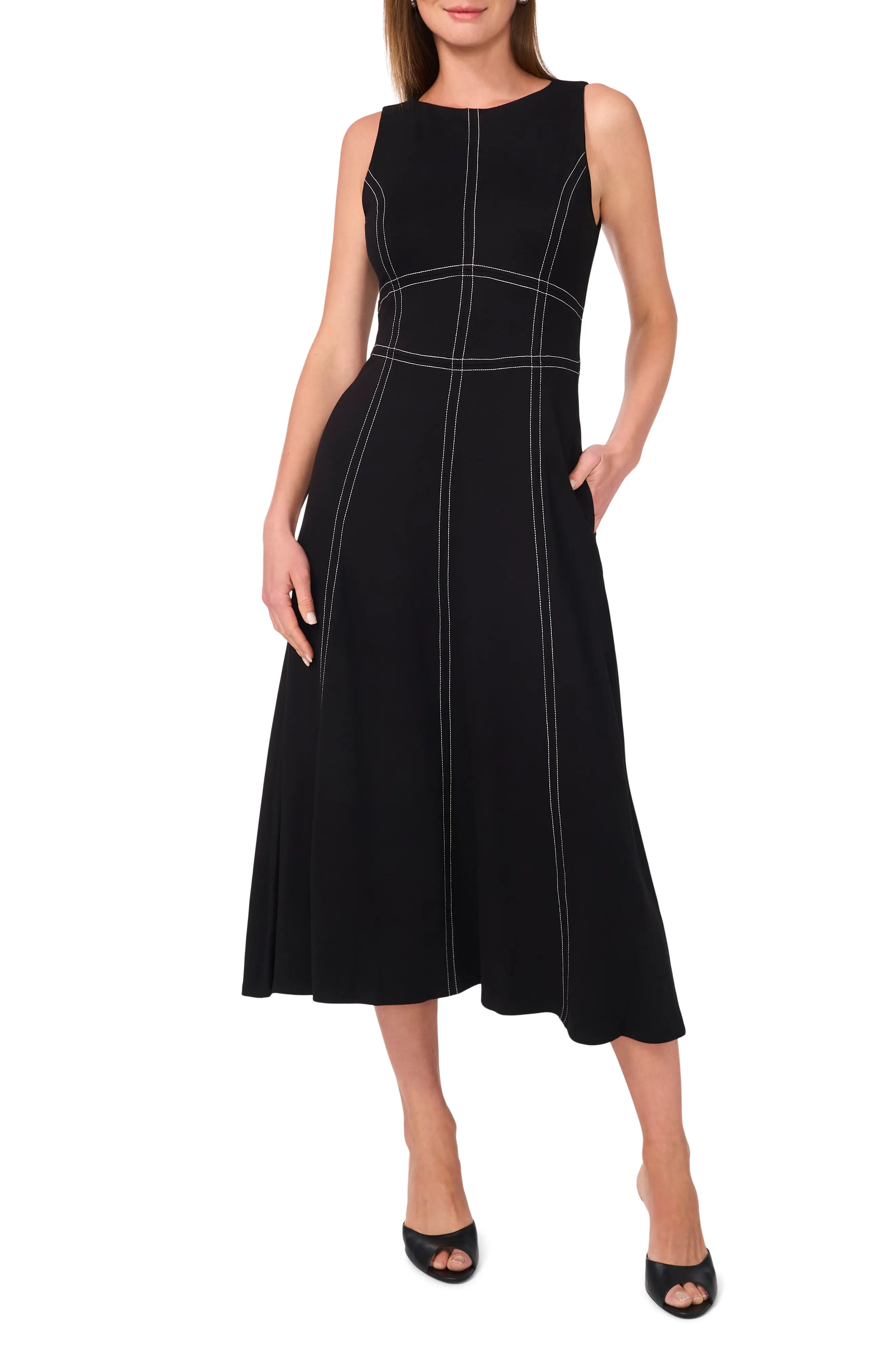 Halogen\u00ae Contrast Topstitch Sleeveless Midi Dress (Women) | Nordstrom | Nordstrom