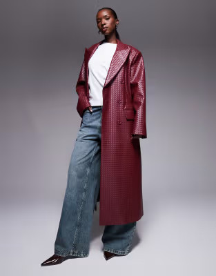 Aria Cove faux leather weave detail maxi formal coat in burgundy | ASOS (Global)