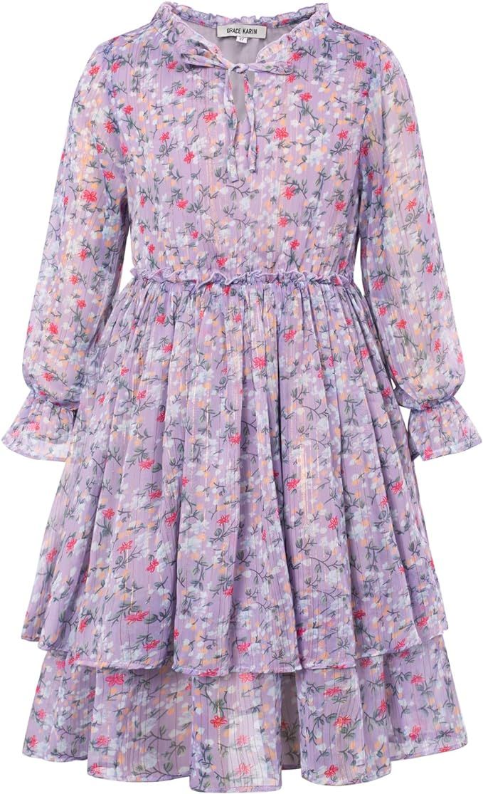 Girls Floral Long Sleeve Dress A-Line Smocked Waist Holiday Boho Dresses 5-12Years | Amazon (US)