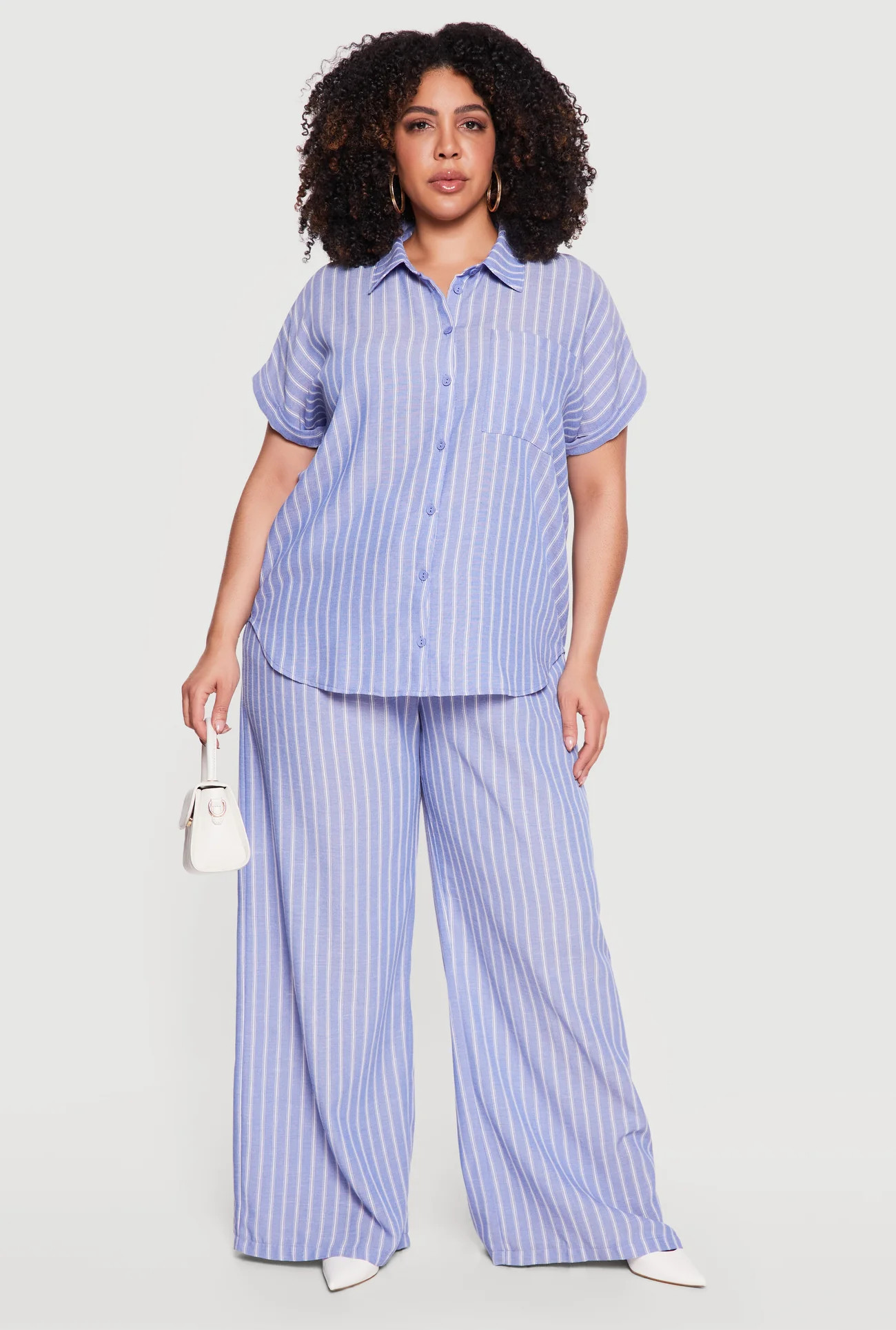 Plus Size Short Sleeve Button Front Striped Shirt | Rainbow Shops