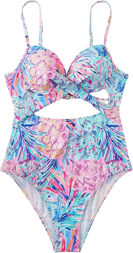 SweatyRocks Women's One Piece Swimsuit Cute Belted All Over Print Swimwear Monokini | Amazon (US)