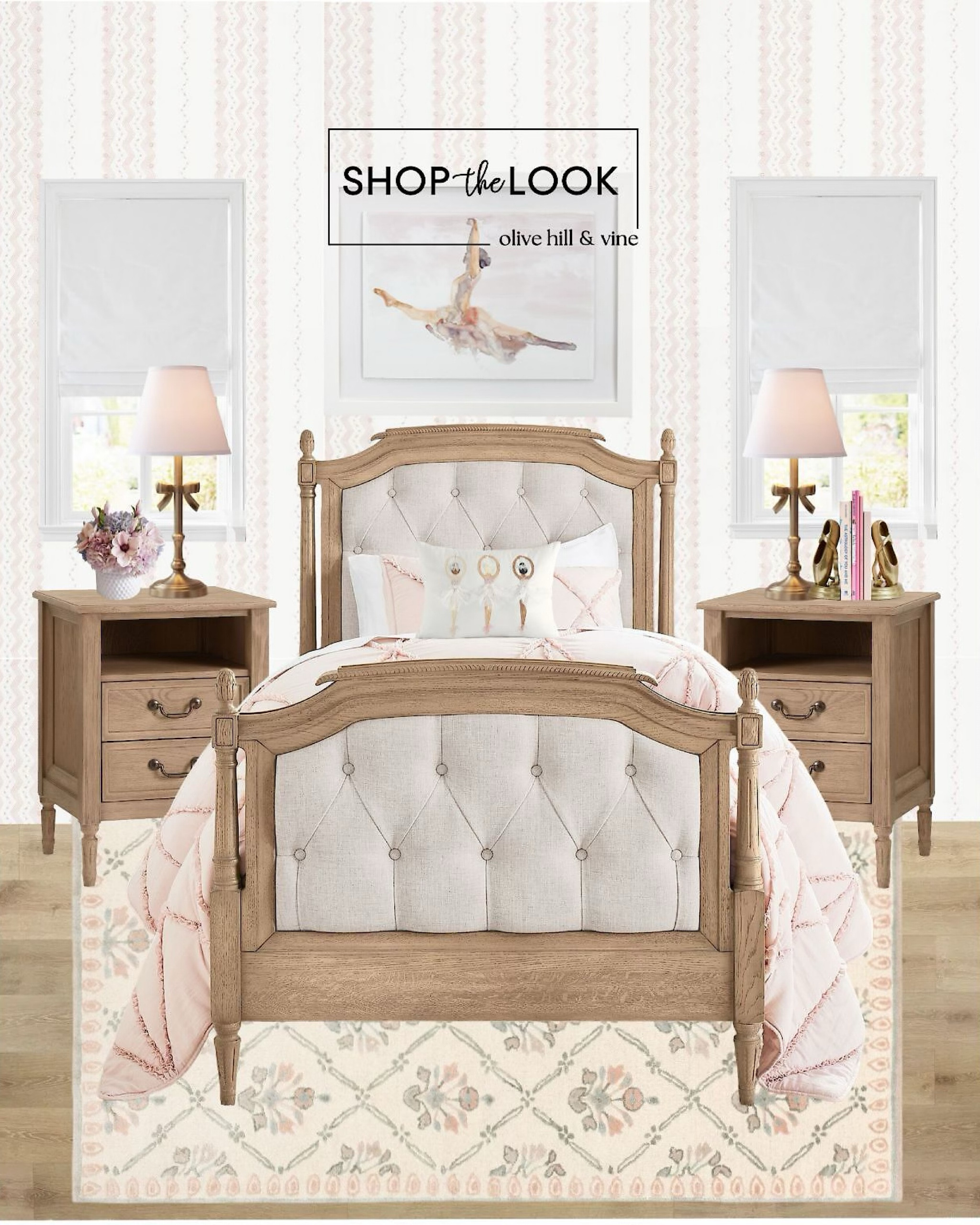Welcome to our Ballet Chic bedroom! Our design features a wood bed with plush upholstered headboard and footboard detailing. Complementing the bed are two sleek nightstands with ample storage. Delicate bow-accented lamps illuminate the space, while ballerina artwork adds grace. Complete with golden ballet slipper bookends and themed bedding for the perfect finishing touch! 

#LTKkids #LTKhome #LTKfamily