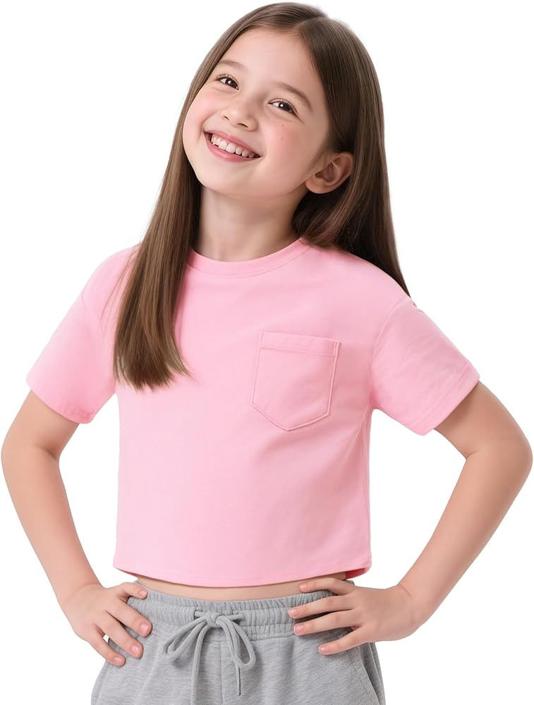 KEREDA Girls Short Sleeve Shirts Crop Tops Crewneck Summer Basic Tees for Kids with Pocket | Amazon (US)