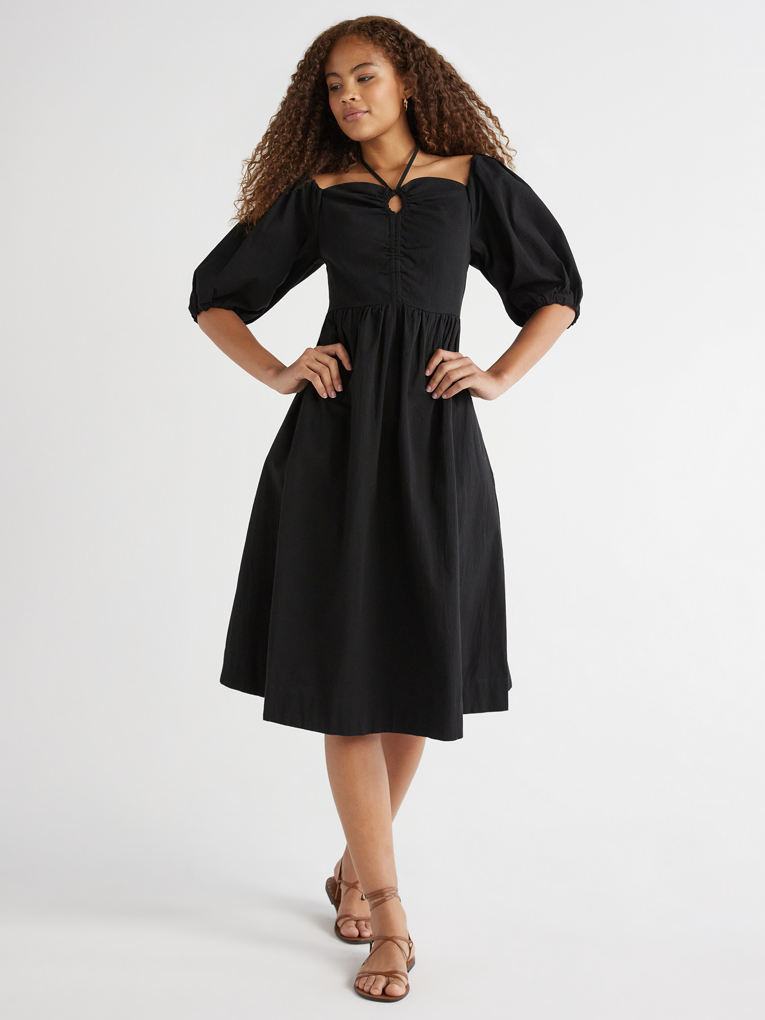 Free Assembly Women's Ruched Halter Dress with Puff Sleeves, Sizes XS-XXL - Walmart.com | Walmart (US)