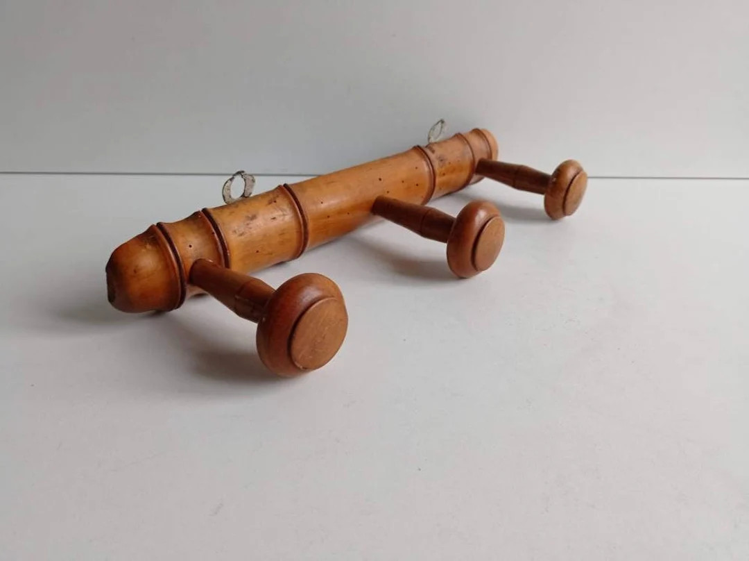 French Vintage Modernist Bamboo Style 3 Peg Wood Coat Rack - Etsy | Etsy (US)