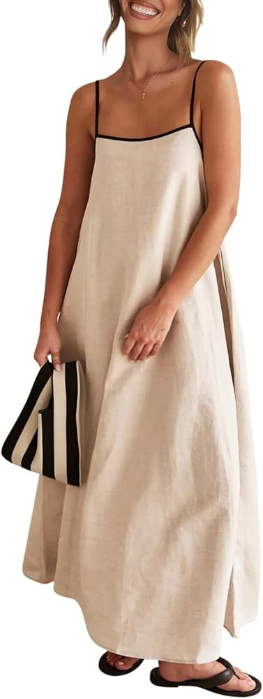 OWNGIGI Women's 2024 Summer Linen Maxi Dress Contrast Spaghetti Strap Beach Dress Backless Sleeve... | Amazon (US)