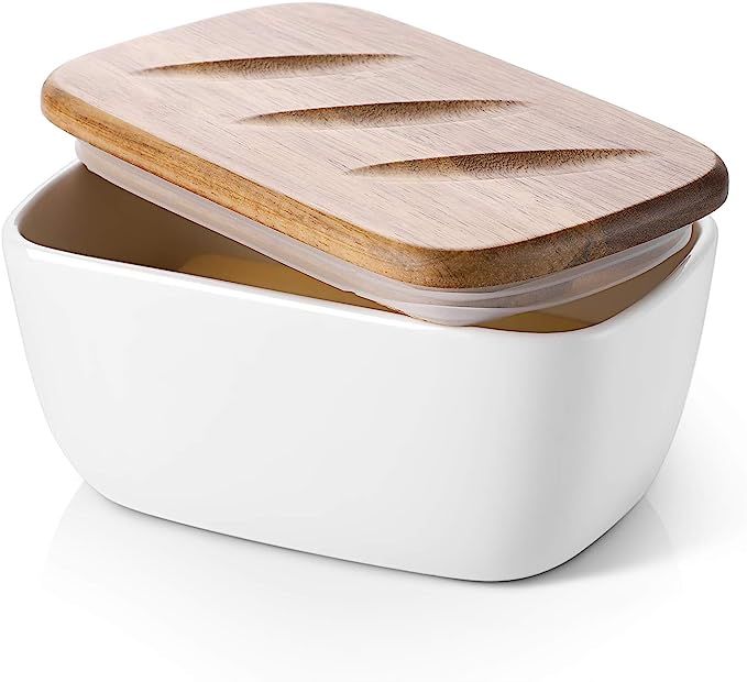 DOWAN Porcelain Butter Dish - Covered Butter Container with Wooden Lid for Countertop, Large Butt... | Amazon (US)