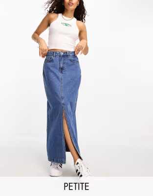 Vero Moda Petite column denim skirt in dark blue | ASOS (Global)