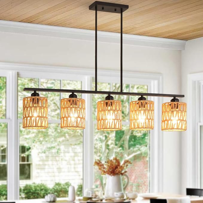 Boho Kitchen Island Light Fixture,39.4" Linear Chandelier for Dining Room,5-Light Rustic Pendant ... | Amazon (US)