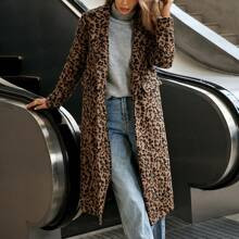 Women's Leopard Print Lapel Collar Long Sleeve Long Blend Coat, Winter Women Jacket Autumn/Winter Autumn & Winter Winter,Fall Women,Fall Outfits,Fall | SHEIN