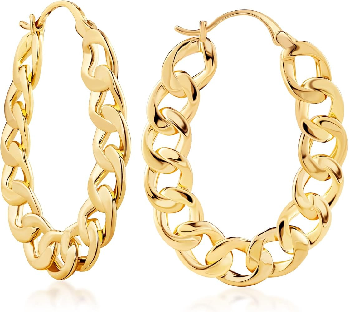 Barzel 18K Gold Plated Link Chain Hoop Earrings for Women | Amazon (US)
