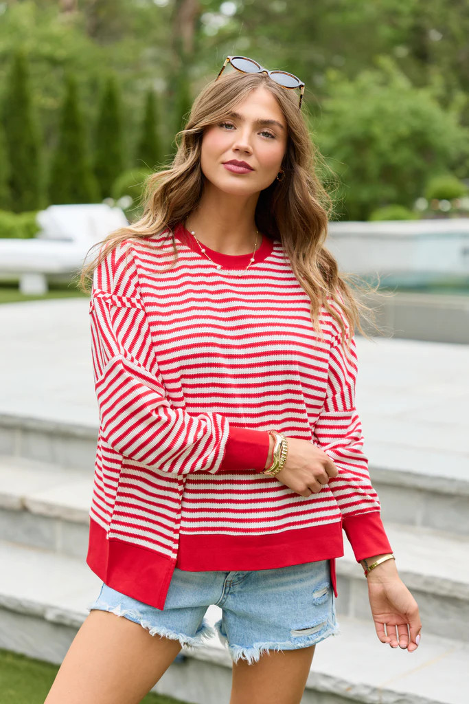 Kara Red And White Stripe Waffle Pullover | Pink Lily