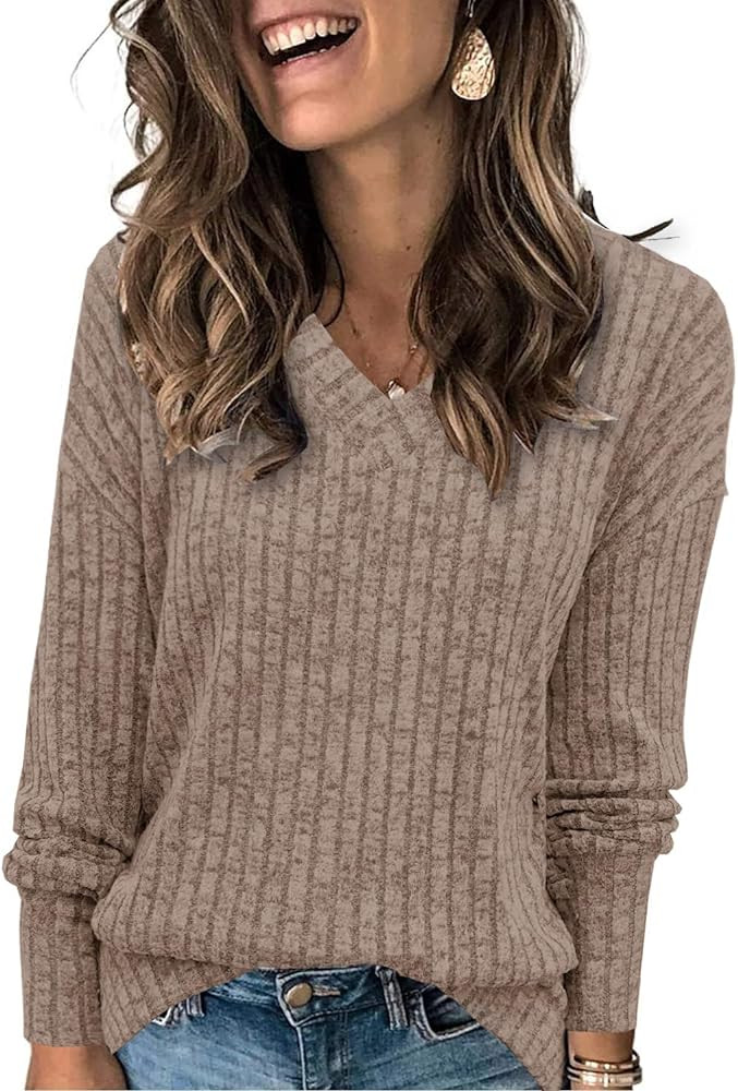 Heymiss Womens Sweatshirts V Neck Long Sleeve Shirts Loose Casual Fall Fashion Sweaters S-2XL | Amazon (US)