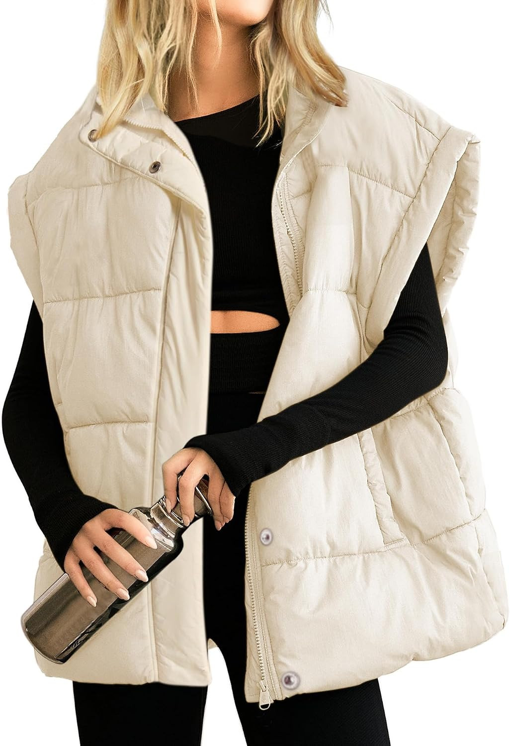 Womens Oversized Puffer Vest Stand Collar Full Zip Sleeveless Bubble Puffer Vest Quilted Padded Warm Coat Outwear | Amazon (US)