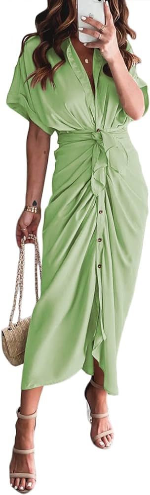 AOHITE Women's Elegant V Neck Satin Button Down Short Sleeve Maxi Shirt Dress with Belt | Amazon (US)