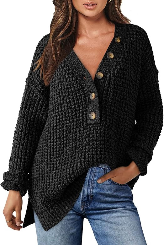 ANRABESS Women's Oversized Sweaters Long Sleeve Loose V Neck Button Henley Tops Side Slit Pullover Knit Jumper | Amazon (US)